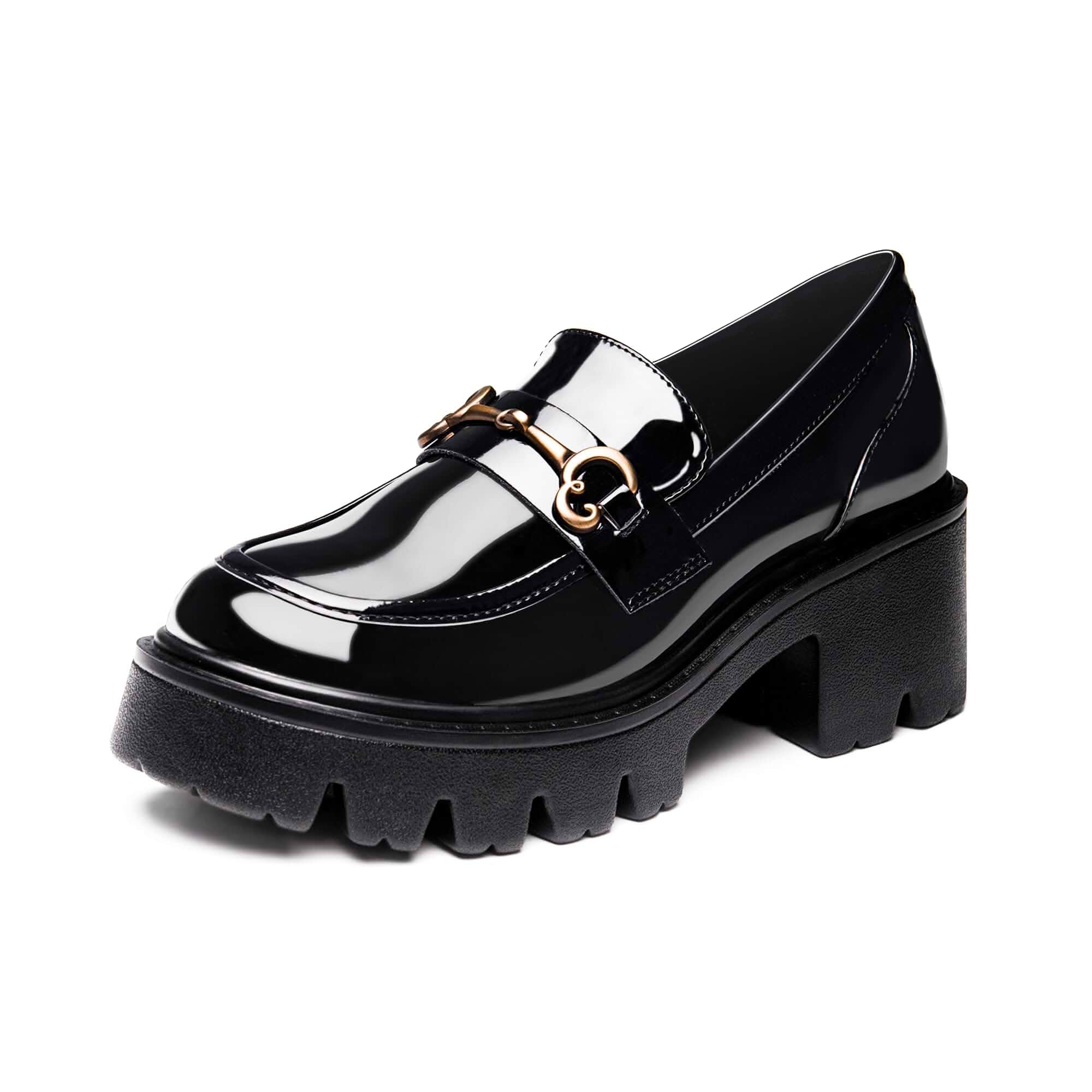 Elvora Black Platform Loafers for Women, Chunky Heel Dress Shoes for Work