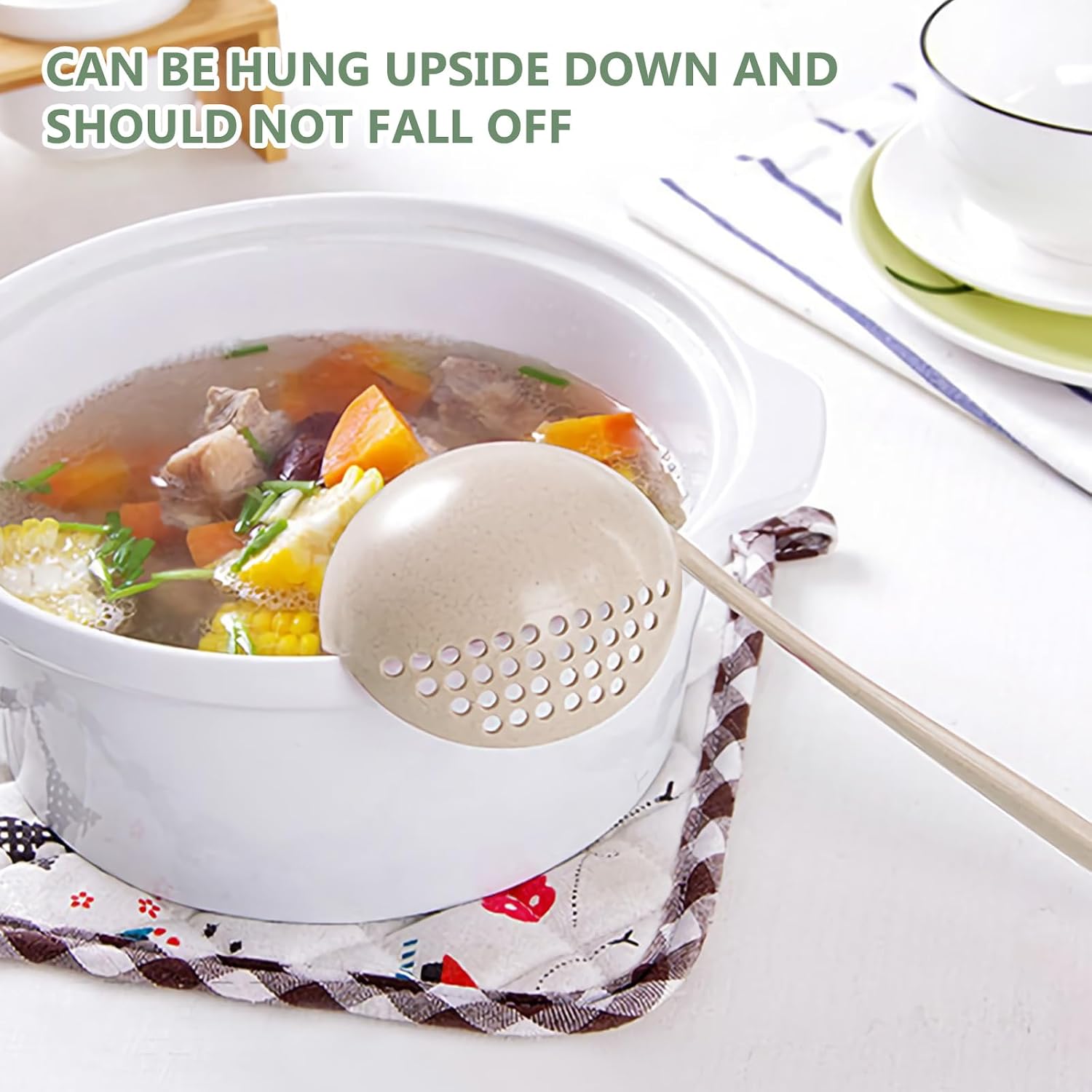 2 in 1 Soup Ladle for Kitchen, Ladle Spoon Soup Strainer with Long Handle for Cooking Easy Serving (Beige)