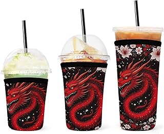 3 Pack Romantic Music Dragon Cherry Flower Blossom Red Art Iced Coffee Cup Sleeves for Cups Insulation Hand Protection, Heat Resistant Neoprene Coffee Sleeve Cup Holders