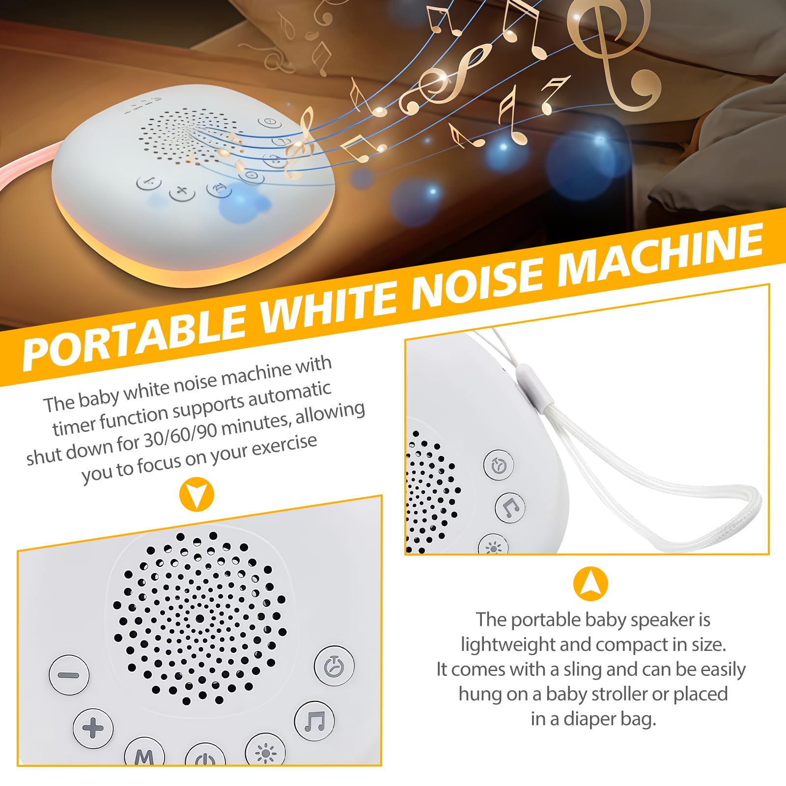 Machine à bruit blanc portable pour bébé avec veilleuse, aide à l'endormissement des bébés, appareil à bruit blanc avec 20 sons apaisants, rechargeable par USB, aide au sommeil pour enfants