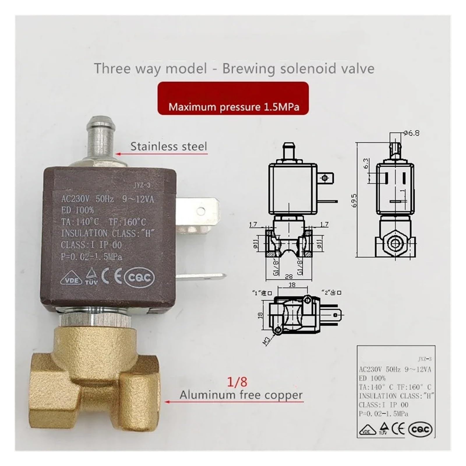 Elettrovalvola a due/tre vie 230V 50Hz for macchina da caffè vapore acqua calda elettrodomestici da cucina parti della macchina for il caffè(Three-way 1.5MPa)