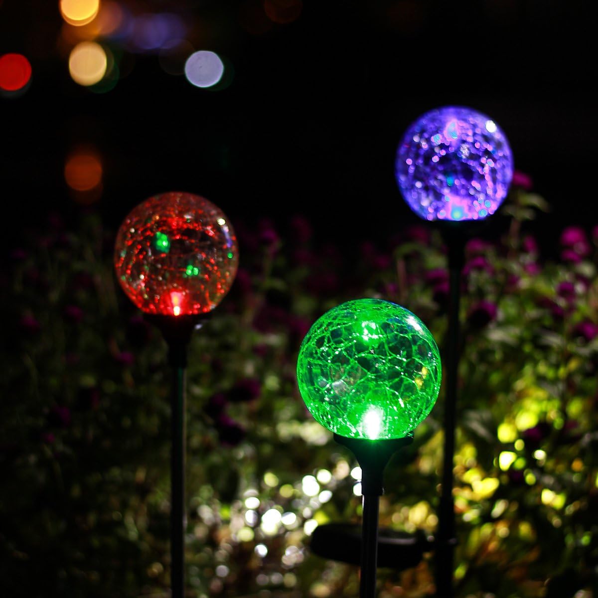 GIGALUMI 3 Pack Solar Lights Outdoor Yard Decoration, Cracked Glass Ball Dual LED Garden Lights, Color-Changing Outdoor Landscape/Christmas Lights for Path, Patio, Yard