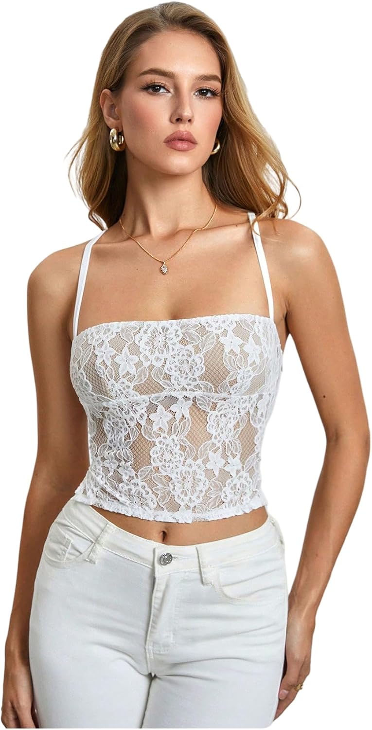 MakeMeChic Women's Floral Lace Sheer Camisole Spaghetti Strap Lace Up Backless Tank Crop Top