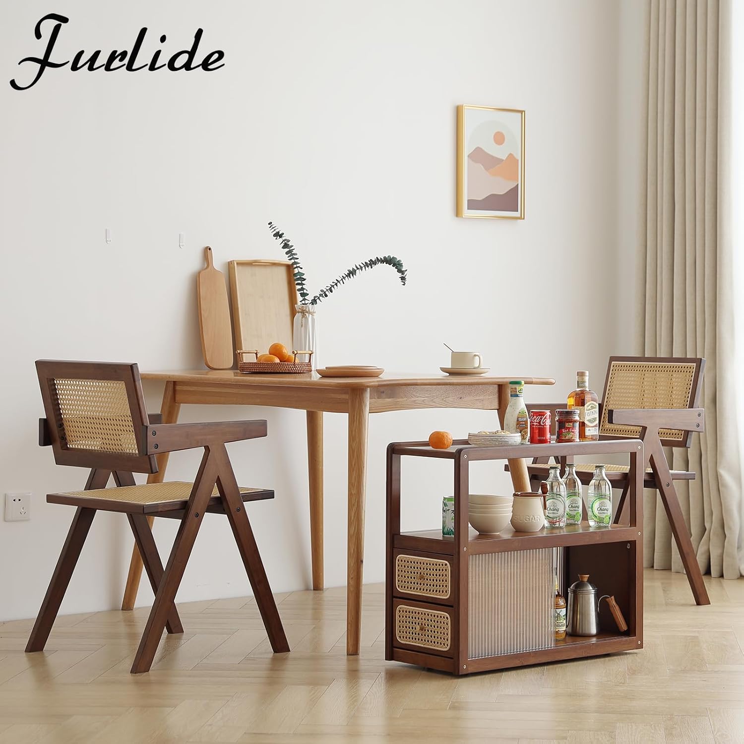 Rattan Nightstand Side Table with Storage, Bamboo Nightstand Bedside Table, Glass Mid Century Modern End Tables for Small Spaces, Living Room, Bedroom，Walnut