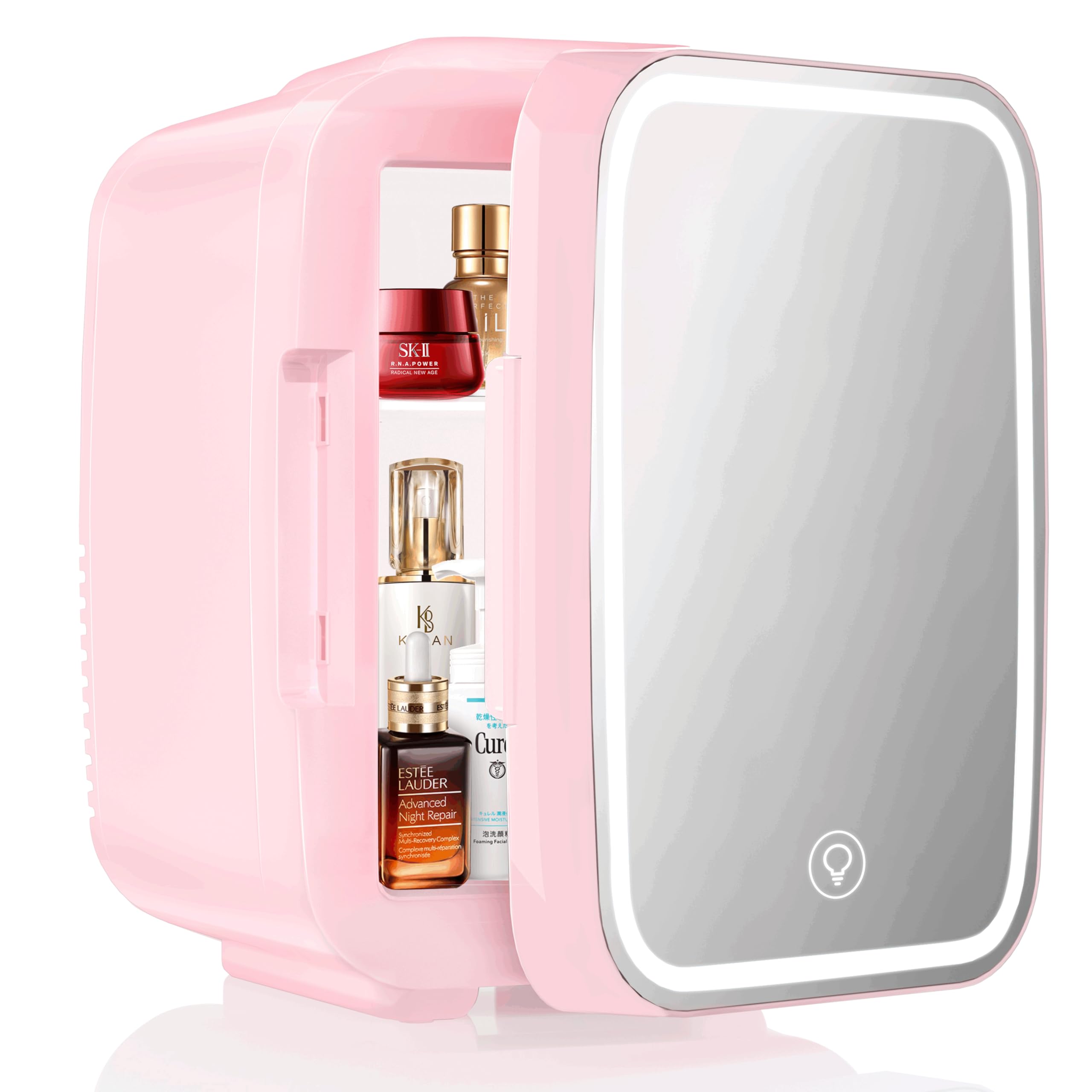 YASHE Mini nevera para dormitorio, nevera Skincare con espejo LED, nevera pequeña de 4 l portátil, termoeléctrica y refrigerador 220 V AC / 12 V DC para coche, oficina, dormitorio (rosa)