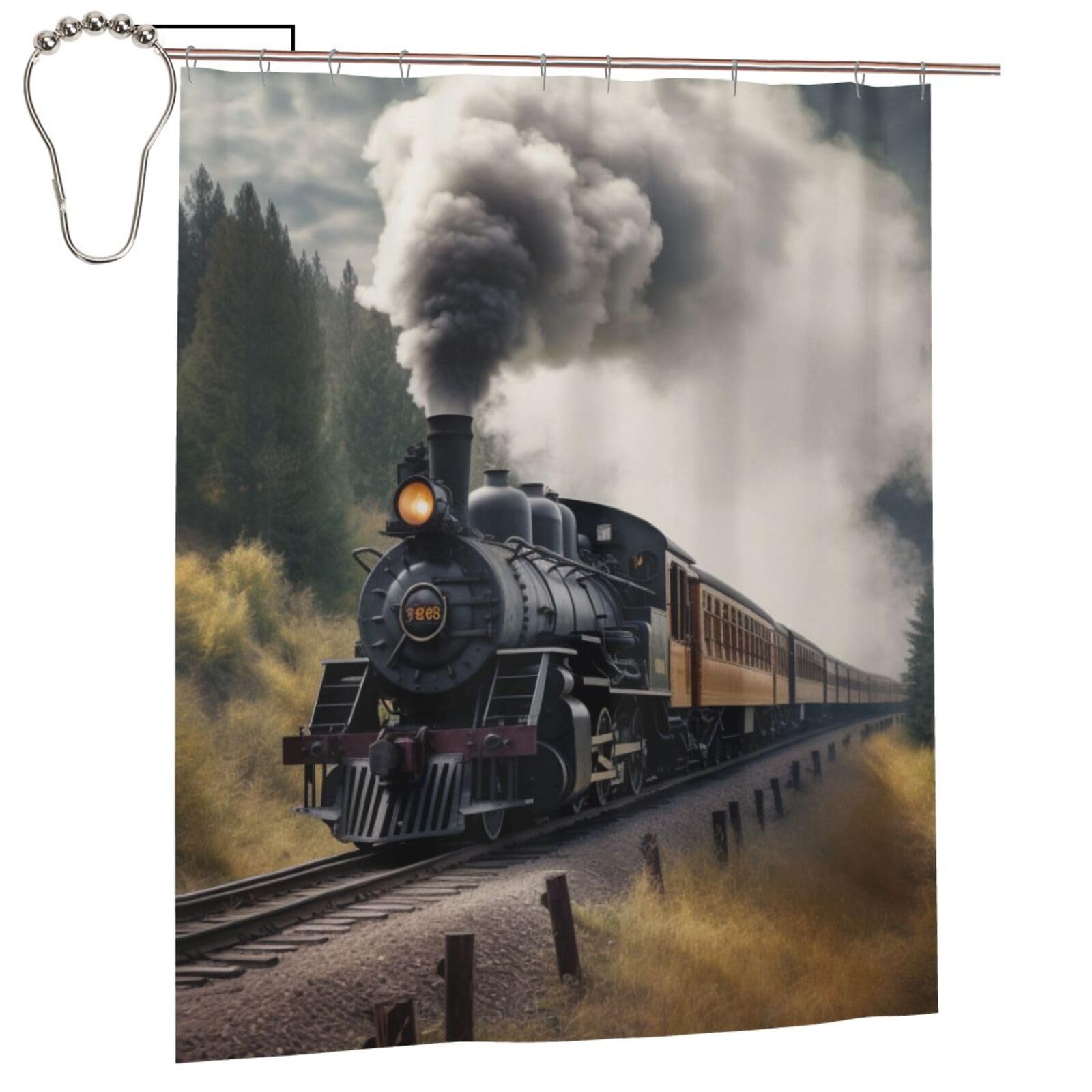 BWWHCCTI Steam Train Printed Shower Curtain With 12 Iron Hooks Opaque Quick Drying Waterproof Shower Curtains Sets For Bathroom 152x183 Cm