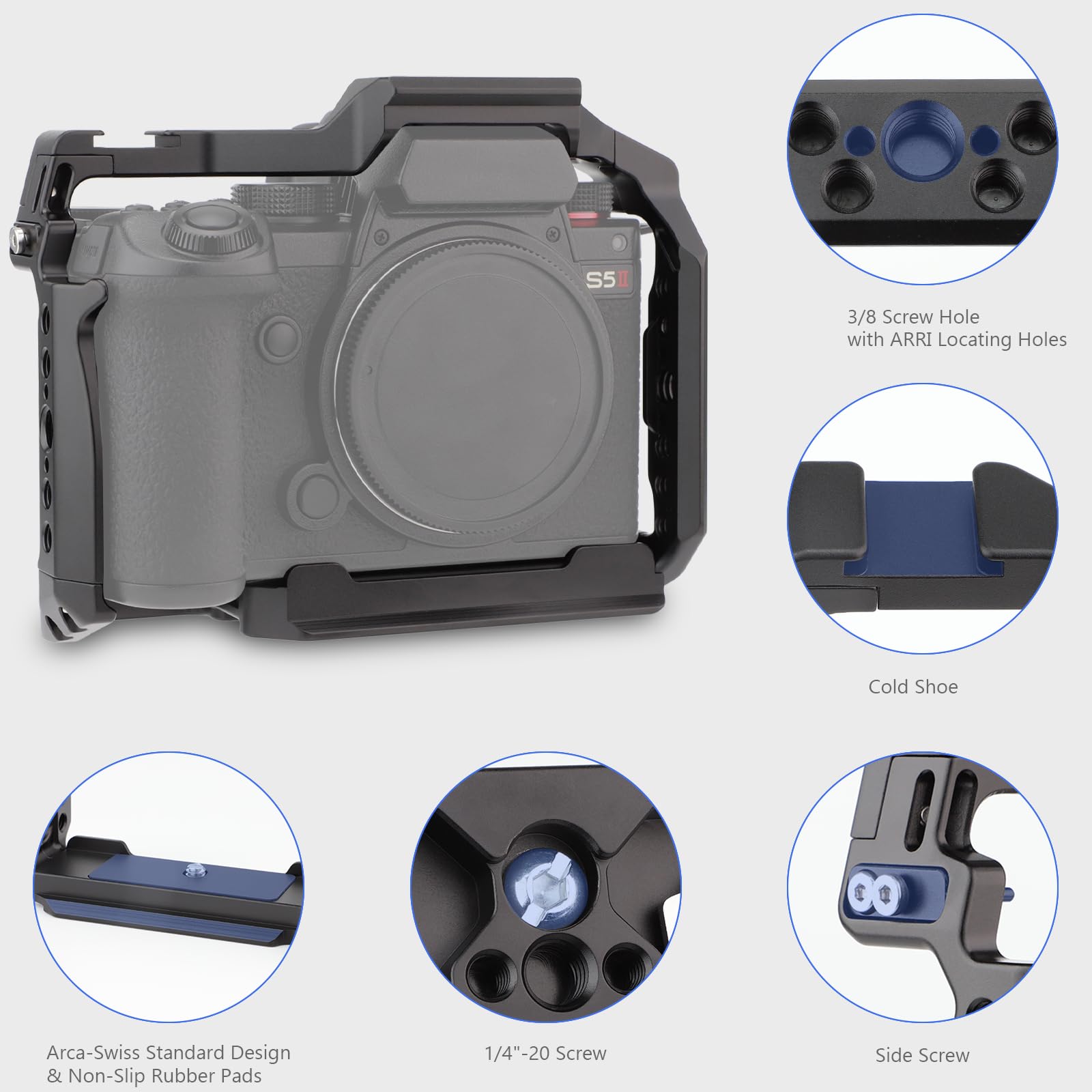Leftfoto Cage de caméra S5 pour Panasonic LUMIX S5 II – Cadre de protection avec base Arca, rail NATO et filetages ARRI, compatible DJI RS2 – Prise de vue vidéo Vlog