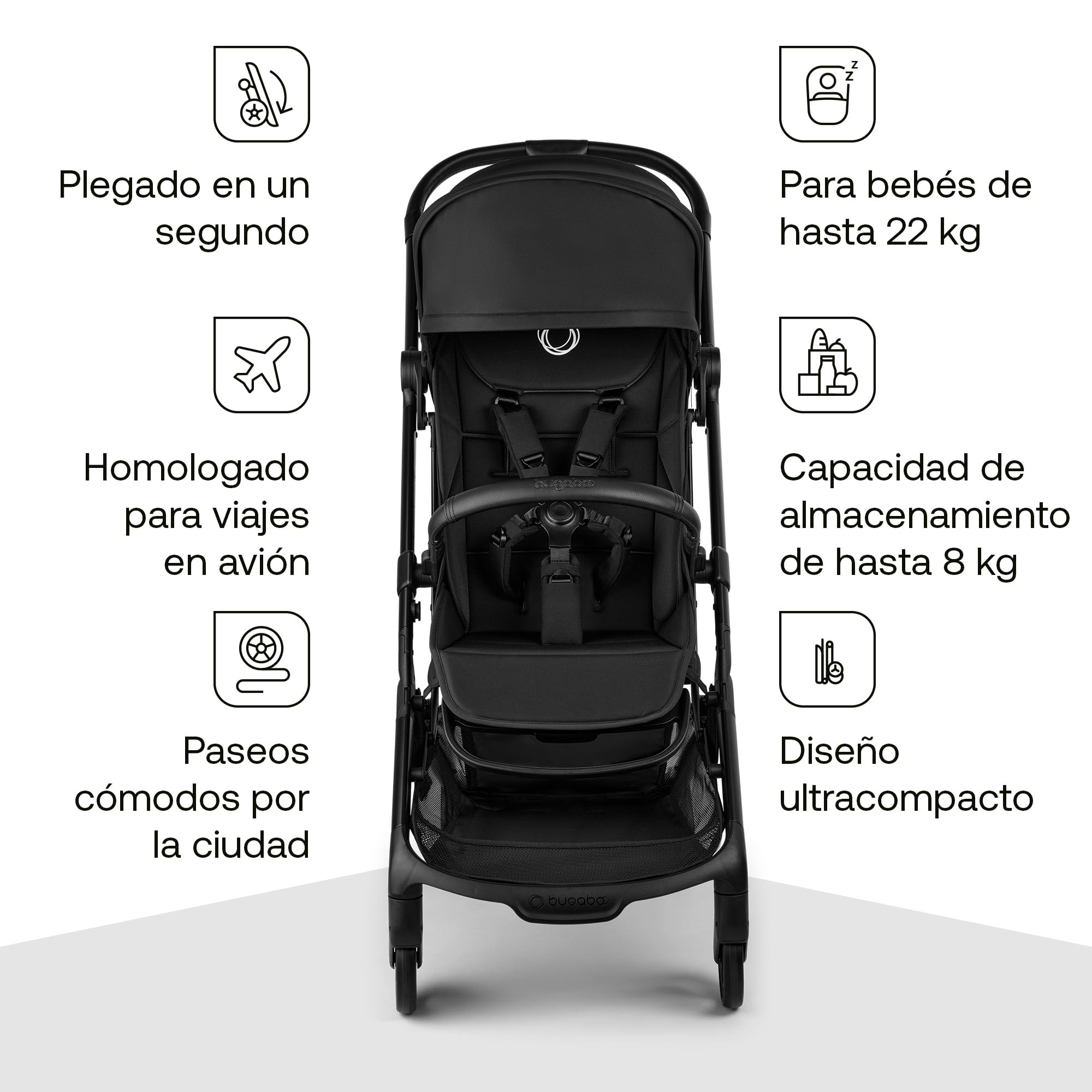 Bugaboo Butterfly 2 Silla de Paseo de Viaje – Pack con Barra de Seguridad y Cubierta para Lluvia – Ligera, Plegable a Una Mano y Asiento Reclinable, de 6 meses a 4 Años – Heritage Black