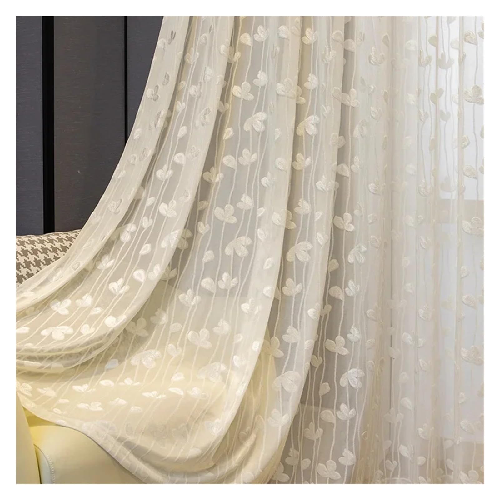 CSSHNL Lace Curtains Gauze Sun Protection Beige Living Room Transparent Embossed Curtain(HOOK_W100CM H150CM)
