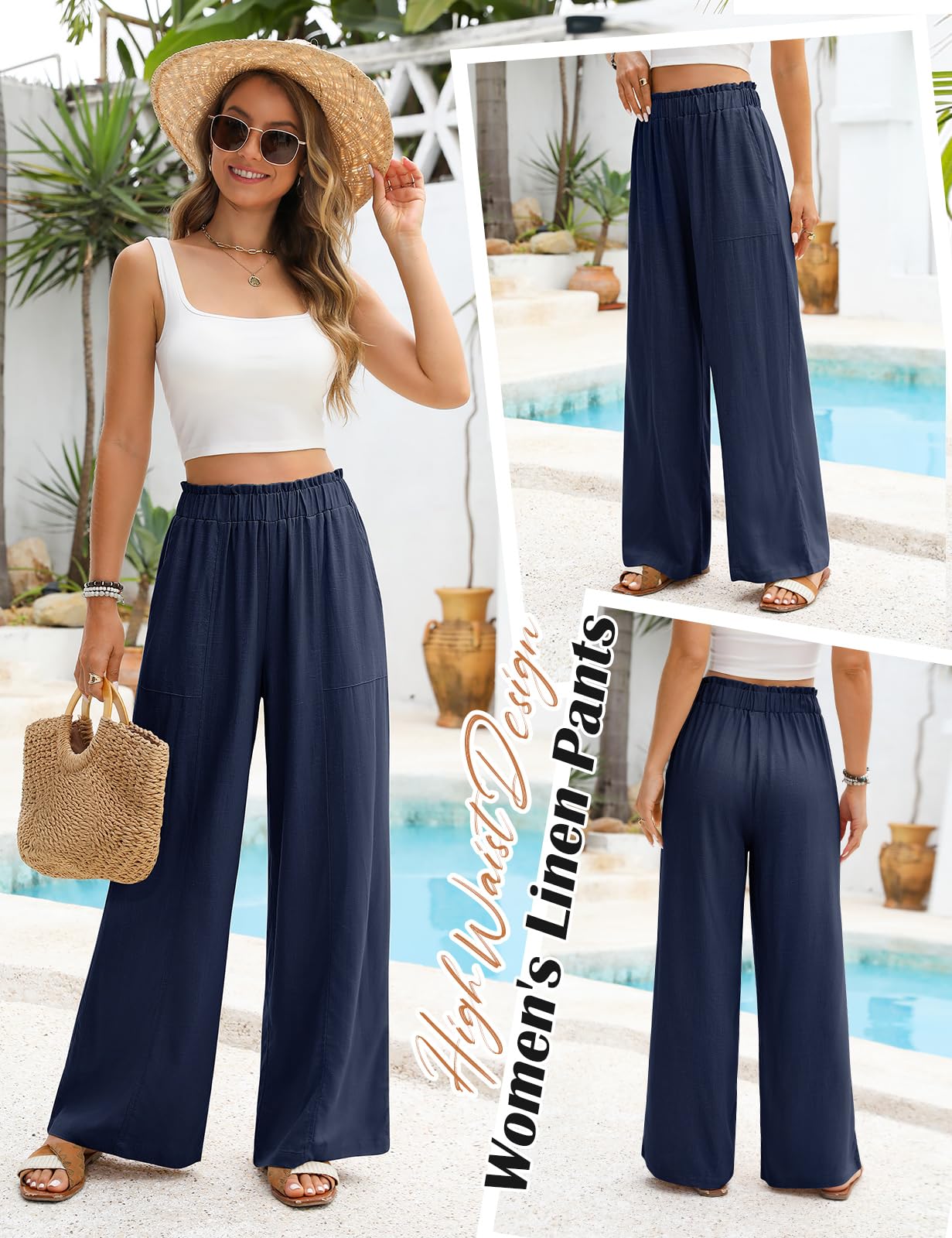 Niwicee Pantaloni Lino Donna Estivi Pantaloni Larghi Eleganti Pantaloni Vita Alta Elastico Pantaloni Leggeri Estivi Casual Solido Sciolto Gamba Dritta Pantaloni con Tasche