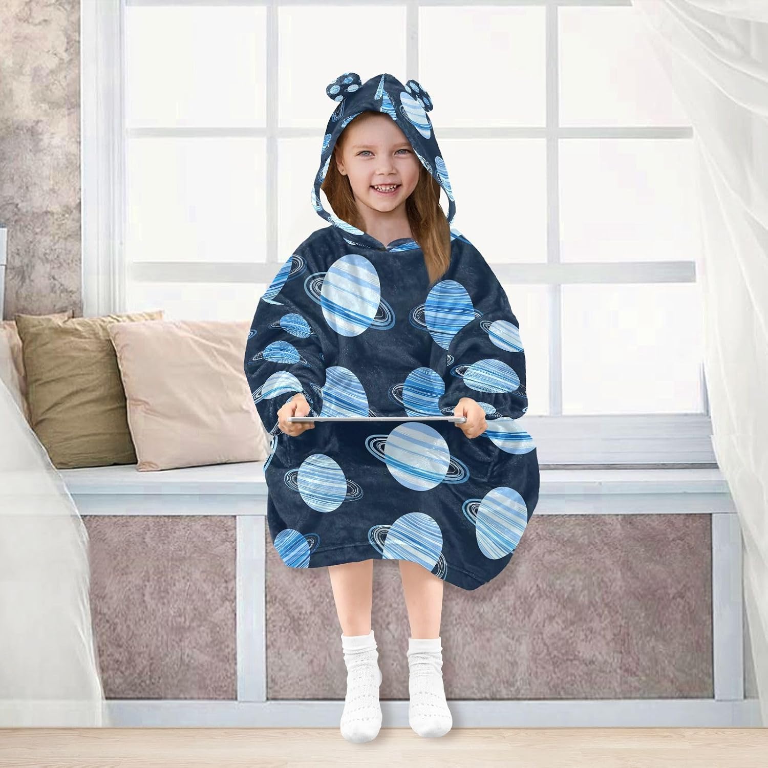 Kigai Planets Wearable Blanket Hoodie for Kids Oversized Hooded Blanket Warm & Cozy Sweatshirt with Pockets