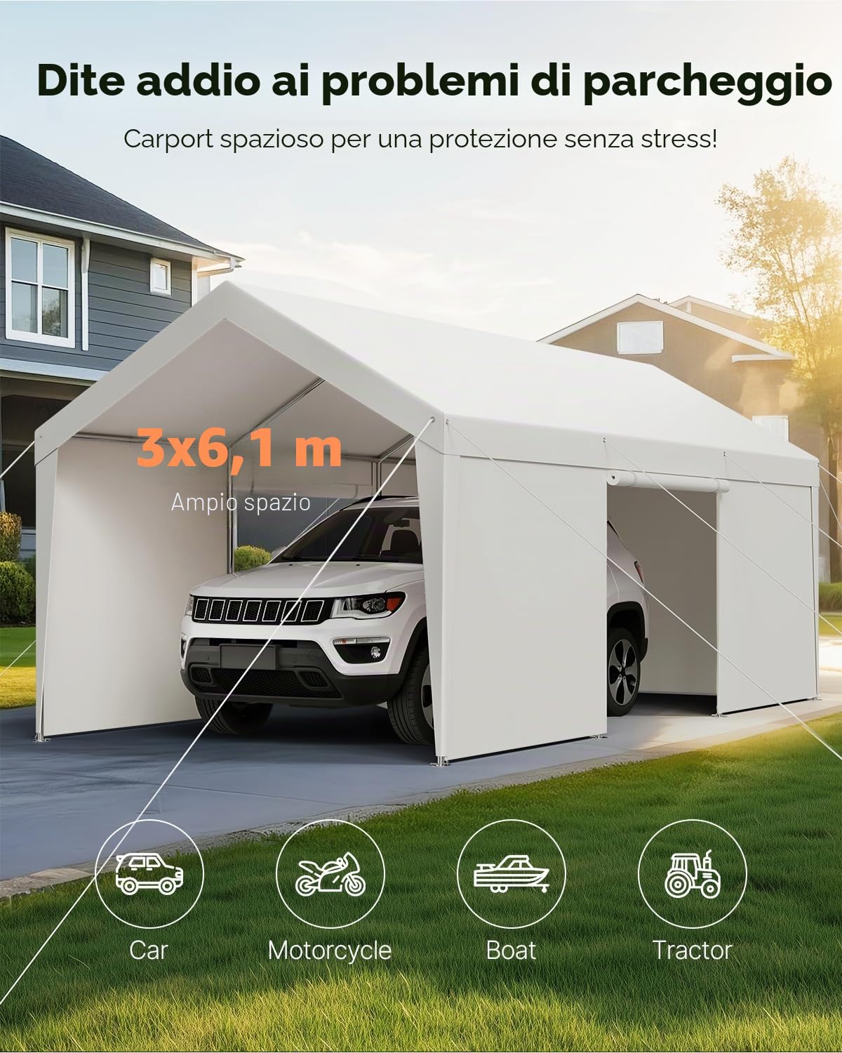 VEVOR Posto Auto Coperto Esterno, Riparo per Auto 3,05 x 6,09 x 2,87 m, Tettoia Potabile con Pareti Laterali e Porta Rimovibili, Resistente ai Raggi UV e all'Acqua, per Auto e Barca, Bianco