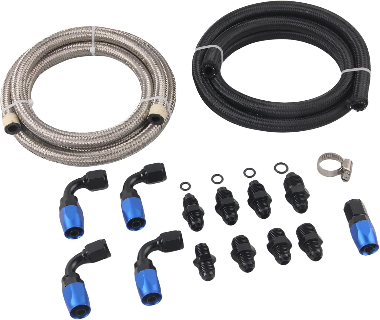 AN6 Power Steering Hose Fitting Kit for GM LS Swap LS1 LS3 1950-2000 for Ford Mustang II rack & pinion 1974-1977– Nylon & Stainless Braided Line & Rubber Inner