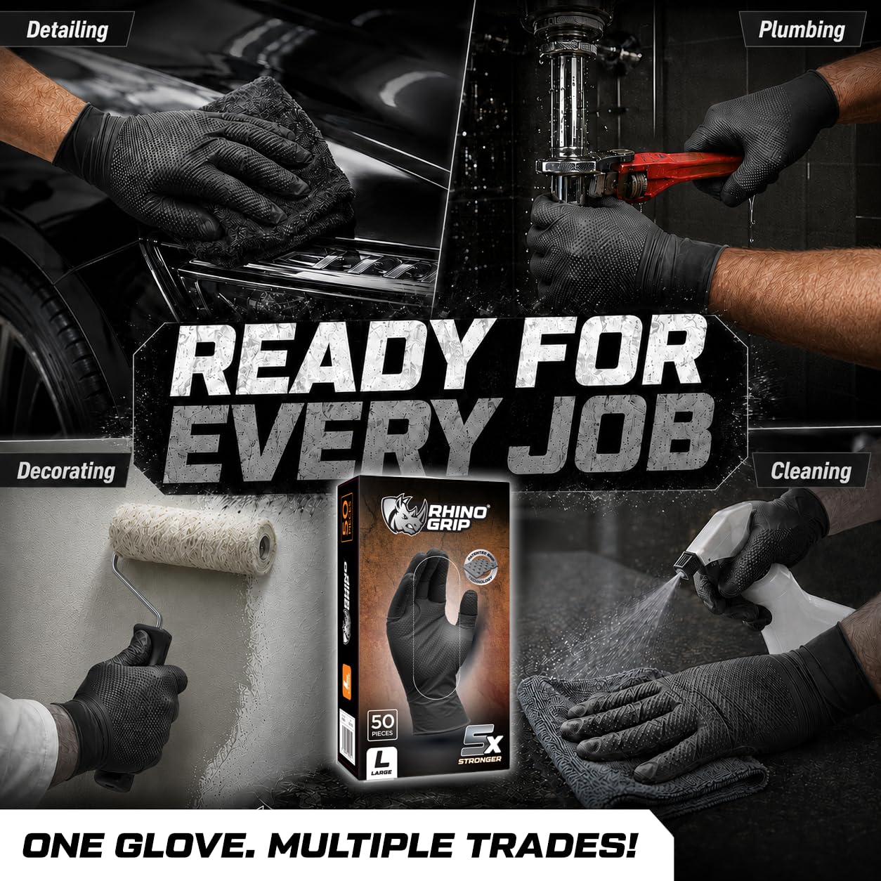 Nitrilhandschuhe, strapazierfähig, ultra-robust, Diamant-Grip, schwarz, puderfrei, 10 Packungen, Größe L