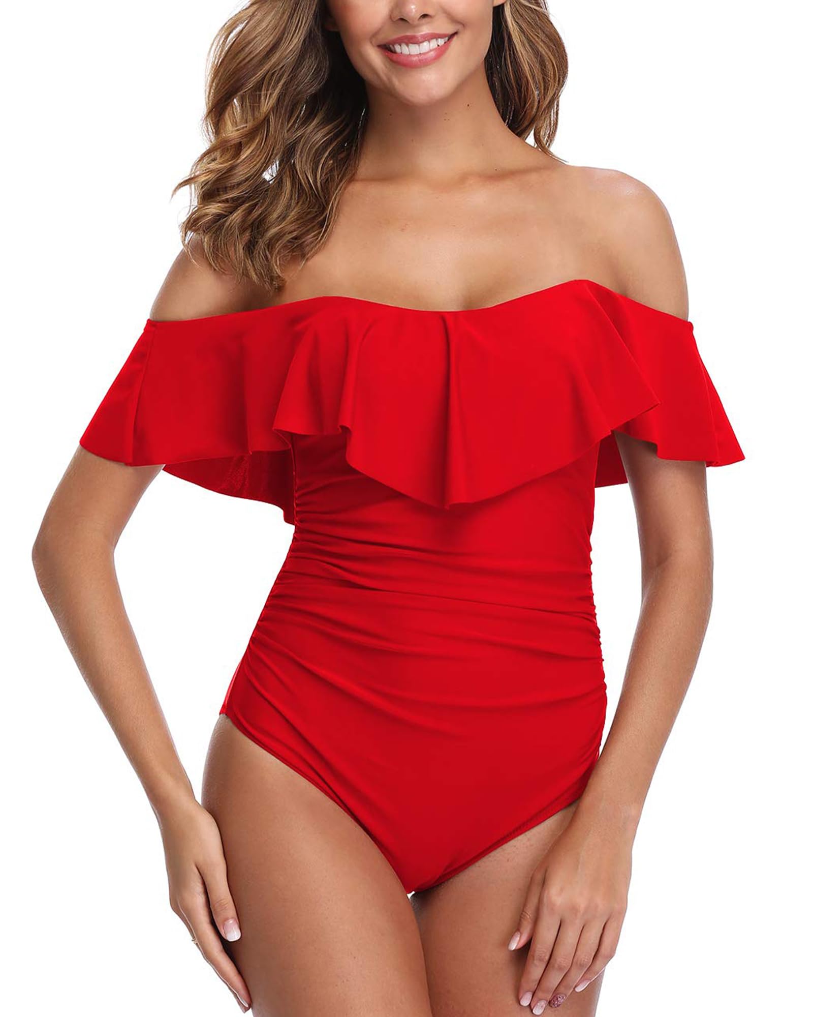 ZINPRETTY Womens Retro One Piece Bathing Suit Tummy Control Off Shoulder Swimsuits Flounce Ruffled Monokini, Red Swimsuit, Large