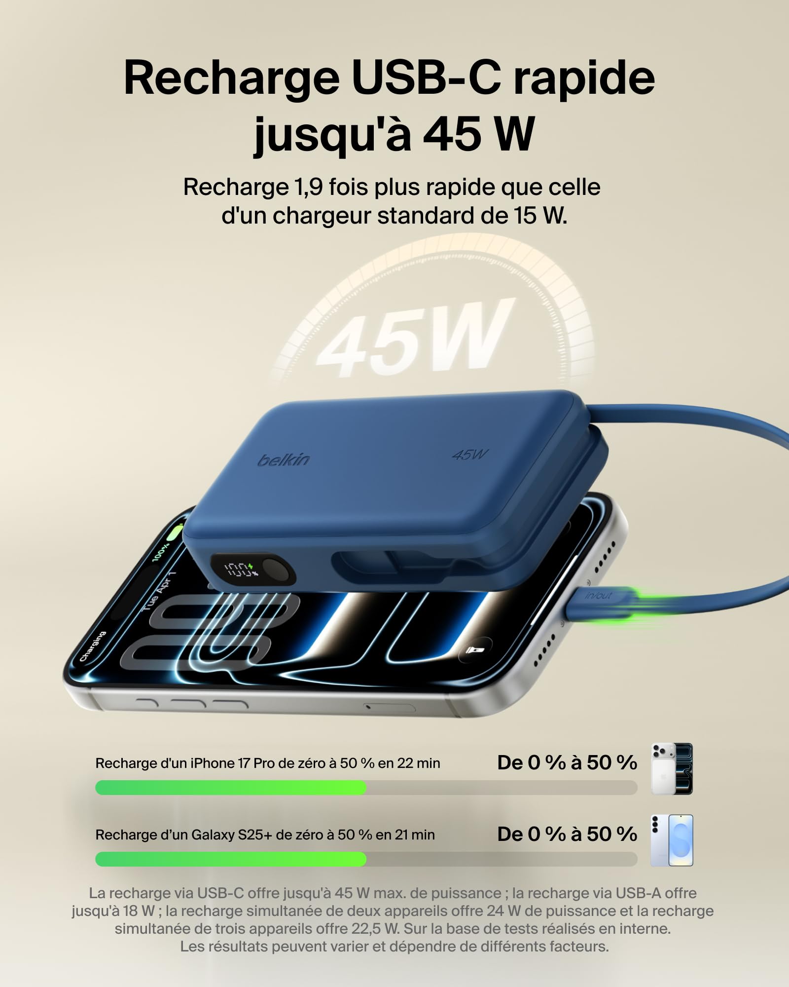 Belkin UltraCharge Batterie Externe 10K avec Câble USB-C Et Écran - Bleu