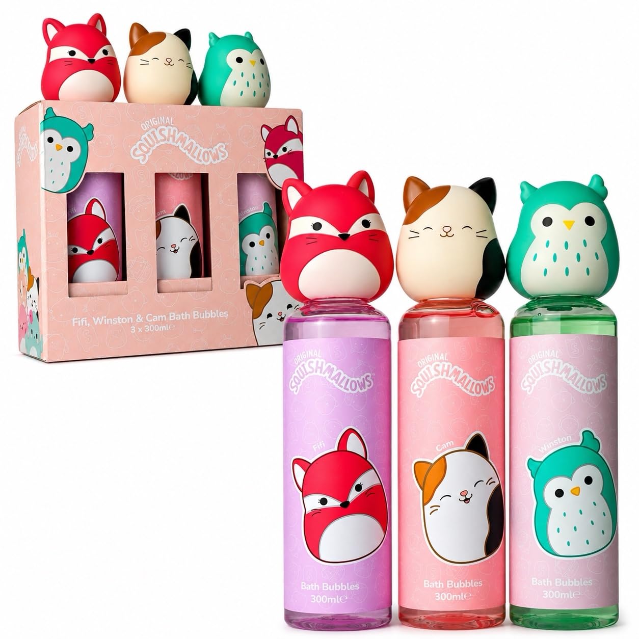 Squishmallows - Baño de burbujas para niños, 300 ml cada uno, Foxy Fruity, Cam Purrfect, Winston Feelin' Mallow, divertidas botellas coleccionables de personajes con tapas blandas