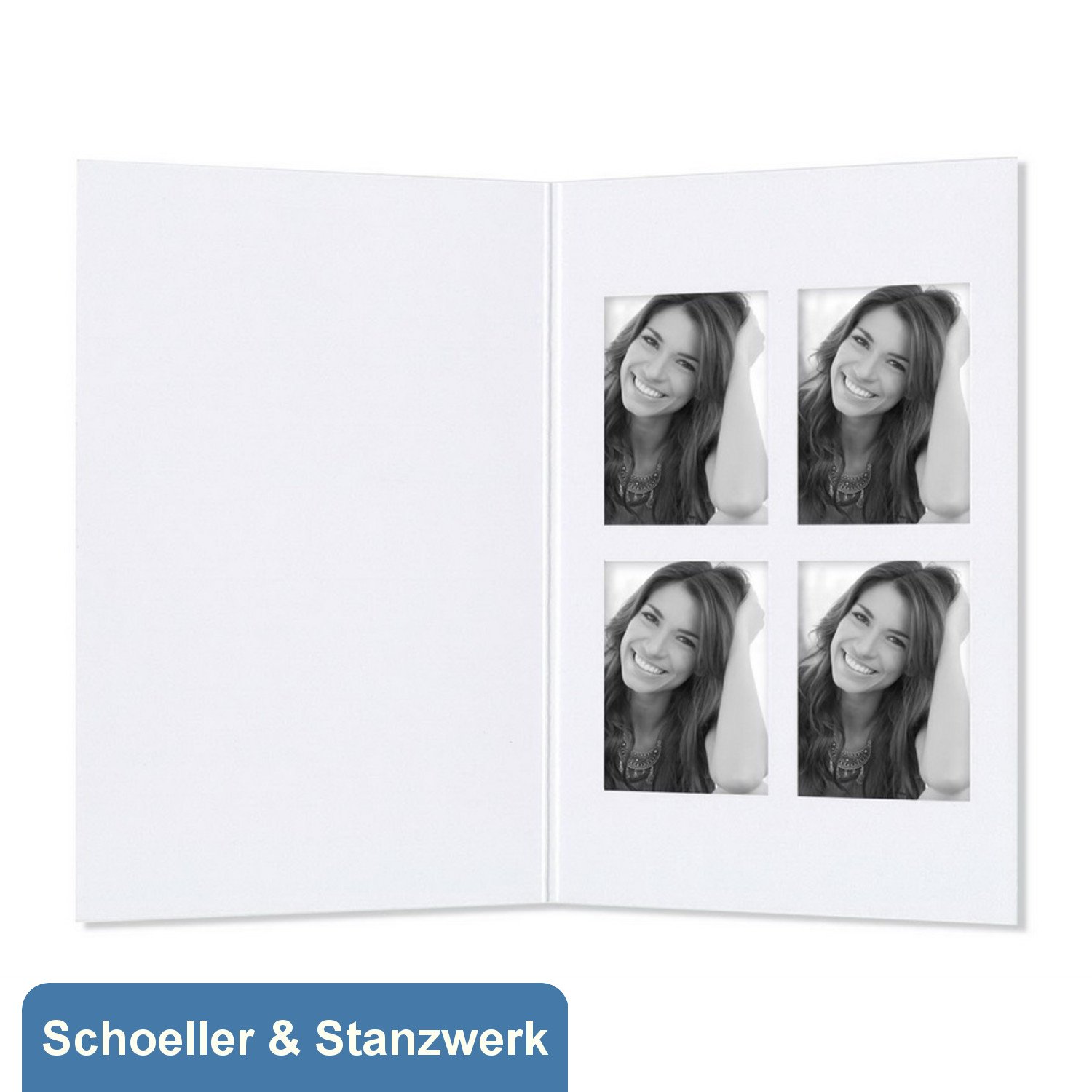 Schoeller & Stanzwerk© - 100 Stück Passbildmappen mit 4 Ausschnitten für Passbildfotos 4,5x6 cm - weiß matt - Kwick