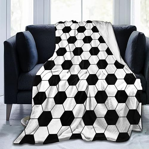 Manta con estampado de fútbol en blanco y negro, manta de franela de forro polar ultra suave para sofá, cama, 80 x 60 pulgadas