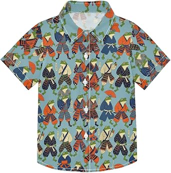 Japanese Frogs Fighter Warrior Hawaiian Boys Cotton Short Sleeve Button Down Shirts Sports Boys Button Up Shirts Short Sleeve 3-10 Years
