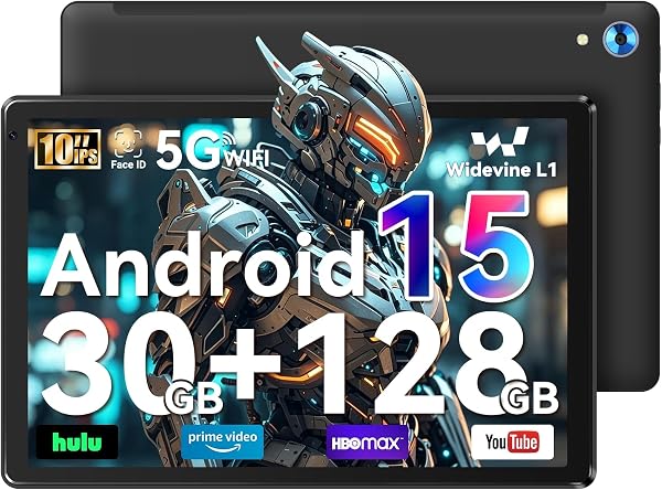 Whitedeer 10 inch Android 15 Tablet, Android Tablet with 30GB+128GB+1TB, Face ID, 5MP 8MP Camera, Split Screen, 1280x800 IPS Display, 5000mAh Battery, WiFi 6 5G 2.4G, Bluetooth 5.3, Widevine L1, Black - 1