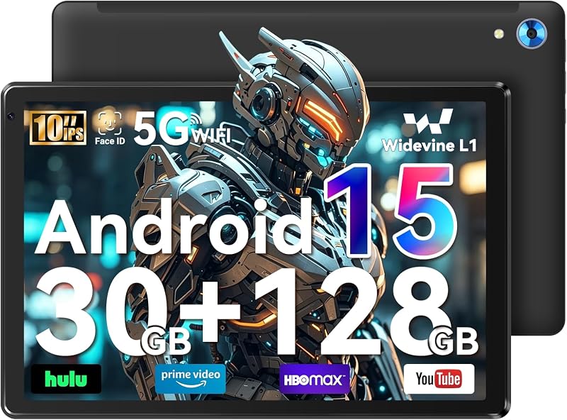 Whitedeer 10 inch Android 15 Tablet, Android Tablet with 30GB+128GB+1TB, Face ID, 5MP 8MP Camera, Split Screen, 1280x800 IPS Display, 5000mAh Battery, WiFi 6 5G 2.4G, Bluetooth 5.3, Widevine L1, Black