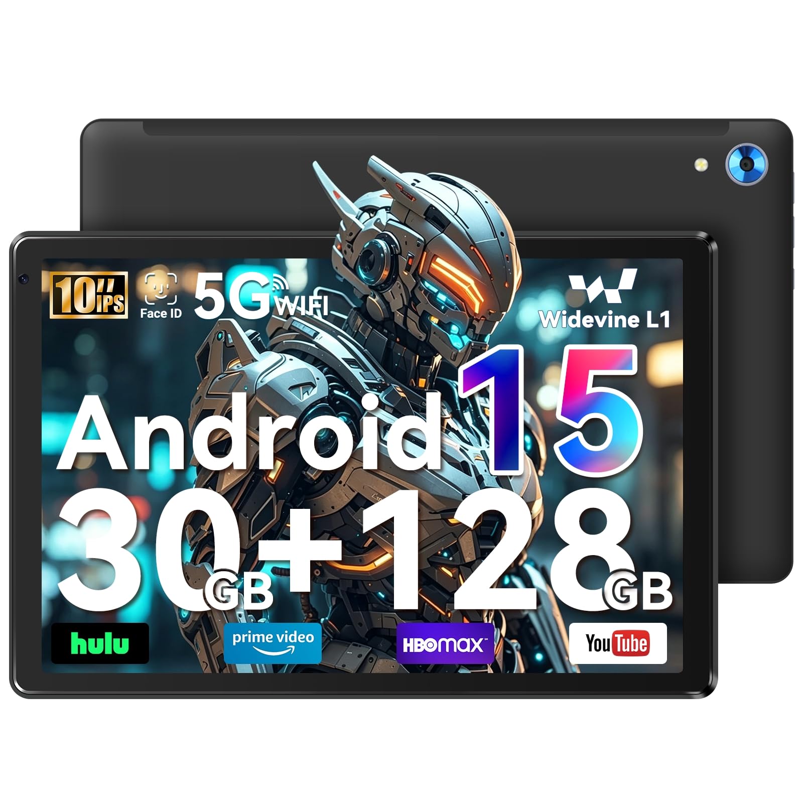 Whitedeer 10 inch Android 15 Tablet, Android Tablet with 30GB+128GB+1TB, Face ID, 5MP 8MP Camera, Split Screen, 1280x800 IPS Display, 5000mAh Battery, WiFi 6 5G 2.4G, Bluetooth 5.3, Widevine L1, Black - 1