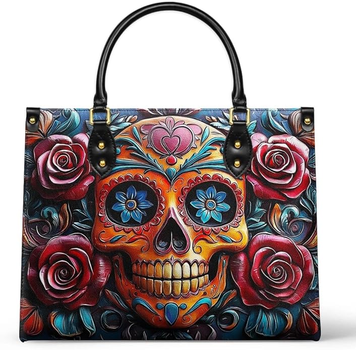 Vivid Skull Roses Satchel Handbags For Women, Aesthetic Skull Gothic Purses for Women Tote Bag with Zipper, Sugar Skull Chic Shoulder Satchel Bag with Top Handle/Shoulder Strap for Ladies, Flower Gift for Skull Lover Her