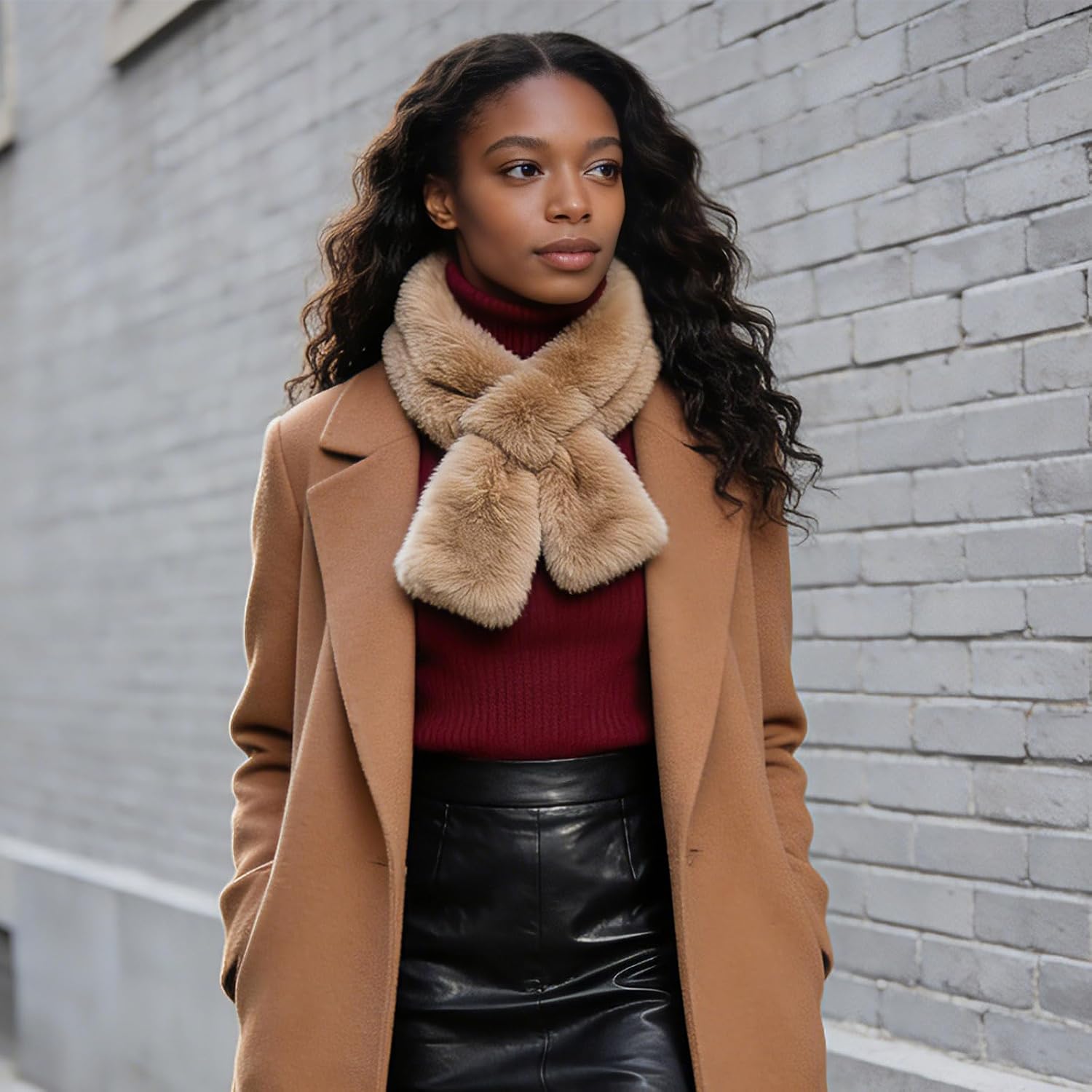 Barelove Short Women's Faux Fur Collar Scarf Wrap, Cold Winter Warm Stole Scarf Shawl Shrug Neck Warmer Wrap - Image 4