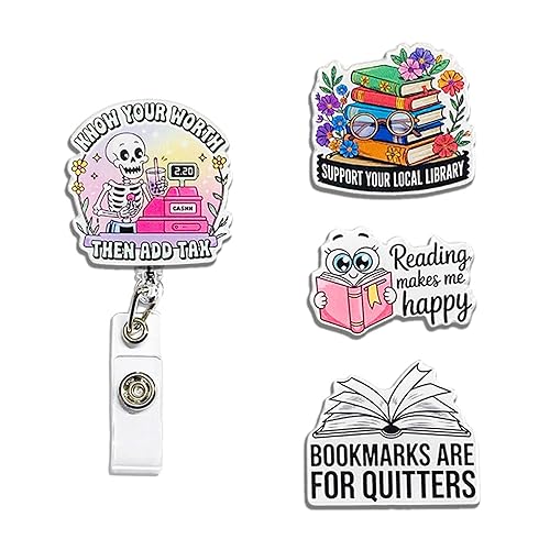 (4PCS) Reading Makes Me Happy Badge Reels Retractable, Name Badge