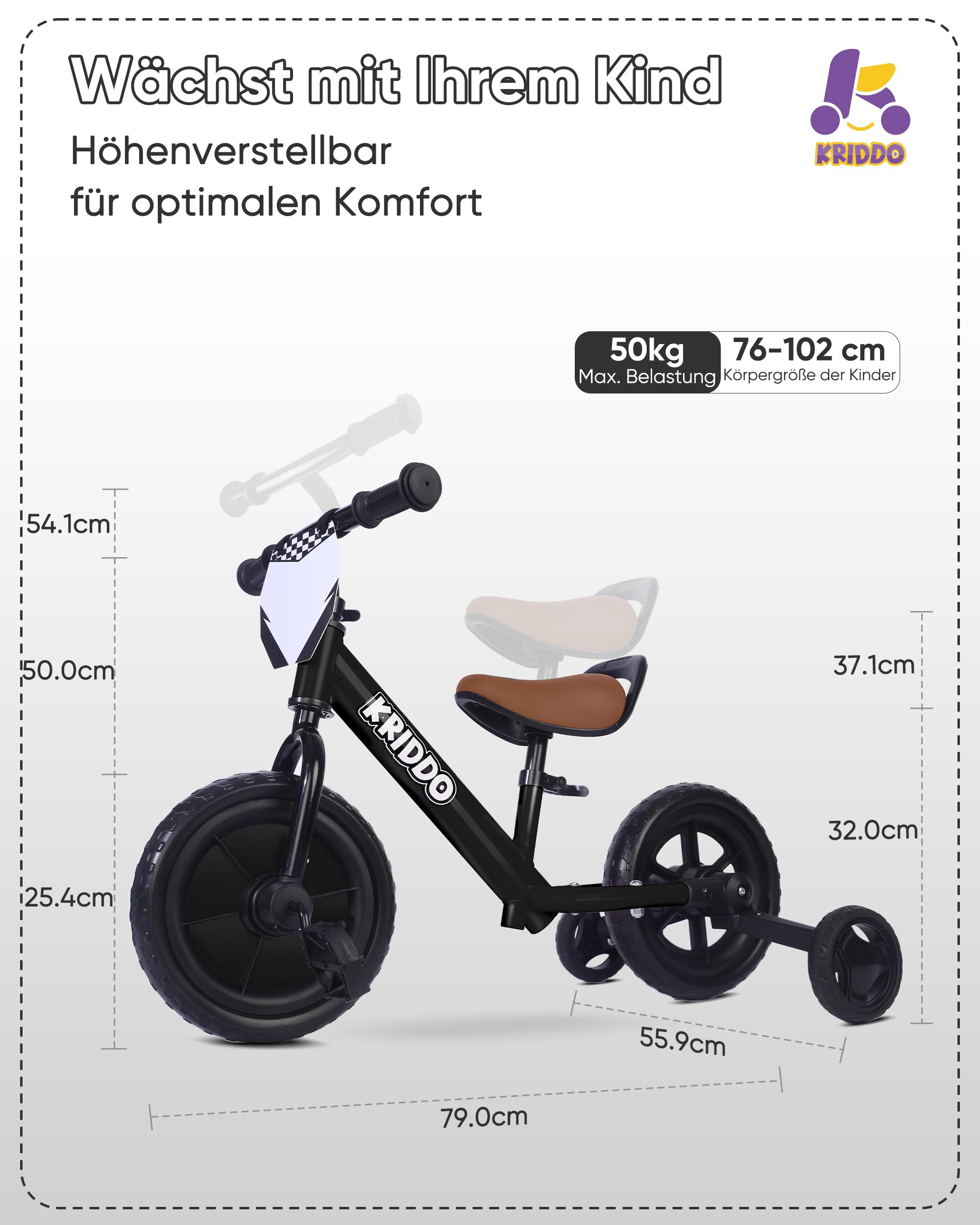 KRIDDO 2-in-1 Dreirad und Kinder Laufrad für Kleinkinder ab 2 Jahren, abnehmbare Pedale und klappbare Stützräder, DIY-Schild, Fahrspaß für Kinder von 18 Monaten bis 3 Jahren