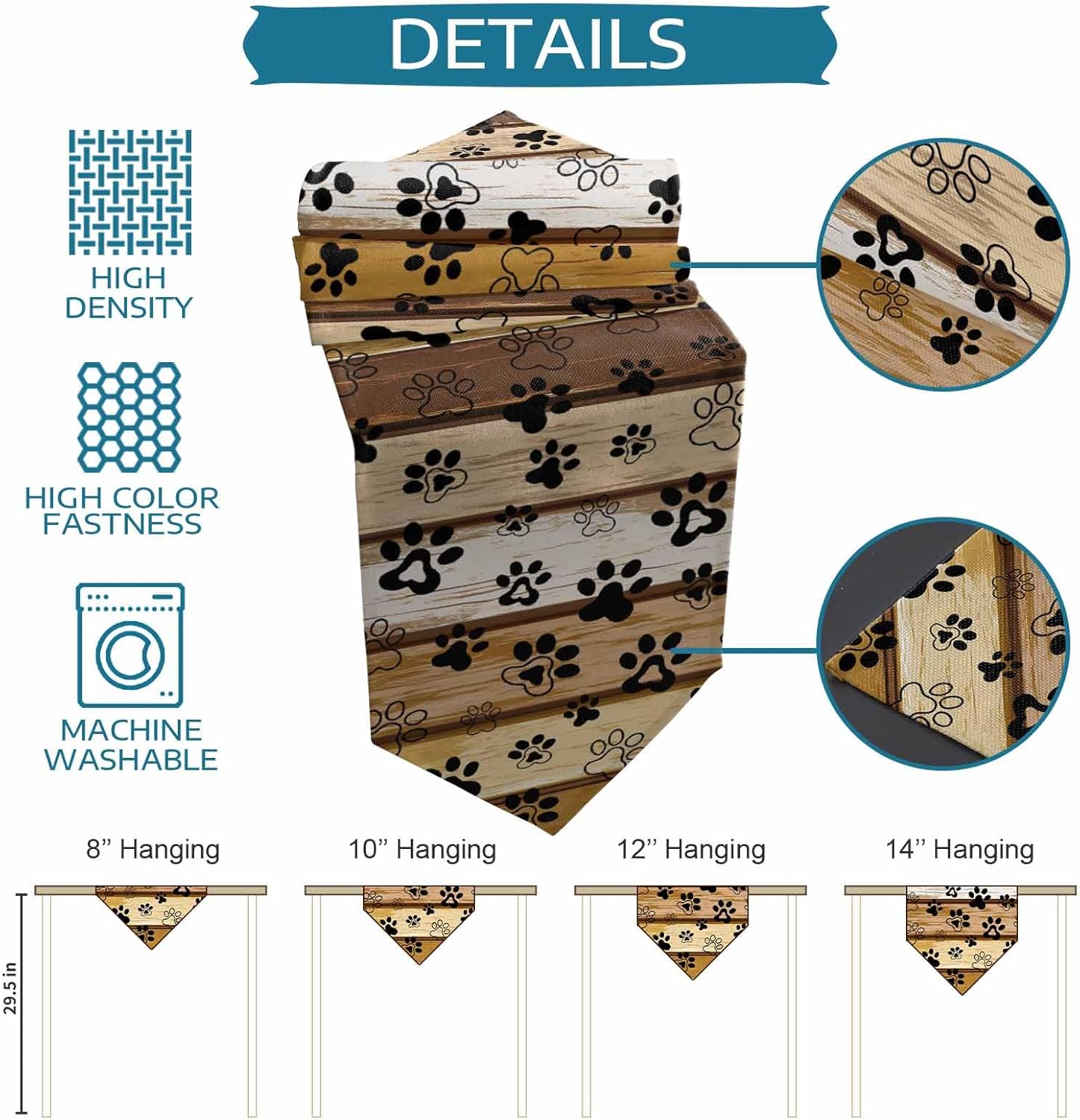 Brown Cat Paw Print Table Runner Linen Burlap Table Runner 72 Inches Long Vintage Farmhouse Country Wooden Grain Dresser Scarves for Kitchen Island Coffee Dining Room Party Holiday Decor 18"x72"