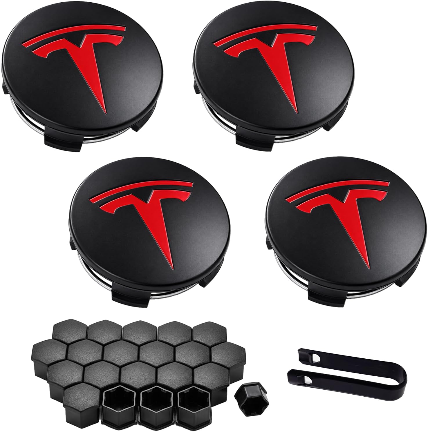 4 Pack Exterior Decoration Wheel Center Cover for Tesla Model 3 Model Y,56mm Hubcaps Wheel Rim Cover Tesla Center Caps Hubcaps+20 Black Lug Nut Covers (Matte Black+Red Emblem)
