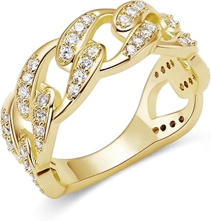 14k Gold Plated Curb Cuban Style Cz Band Ring, Iced Out Cubic Zirconia Cuban Link Chain Ring For Men