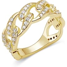14k Gold Plated Curb Cuban Style Cz Band Ring, Iced Out Cubic Zirconia Cuban Link Chain Ring For Men