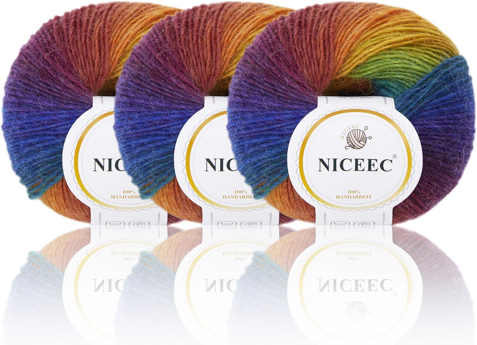 NICEEC 3 Skeins Rainbow Soft Yarn 100% Wool Gradient Multi Color Yarn for Crocheting Knit Total Length 180m×3(196yds×2,50g×3)-1#