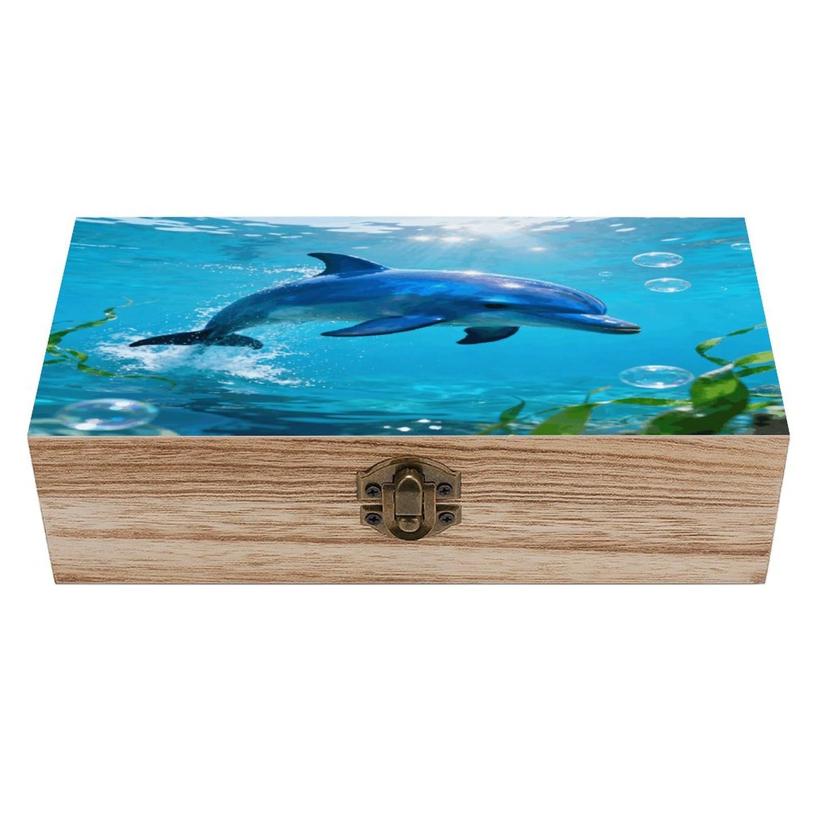 VstaDank Blue Dolphin Wooden Storage Box with Hinged Lid Natural Wooden Box Beautifully Keepsake Boxes Vintage Wood Boxes Jewelry Organizer Trinket Storage Chest Unique Gift