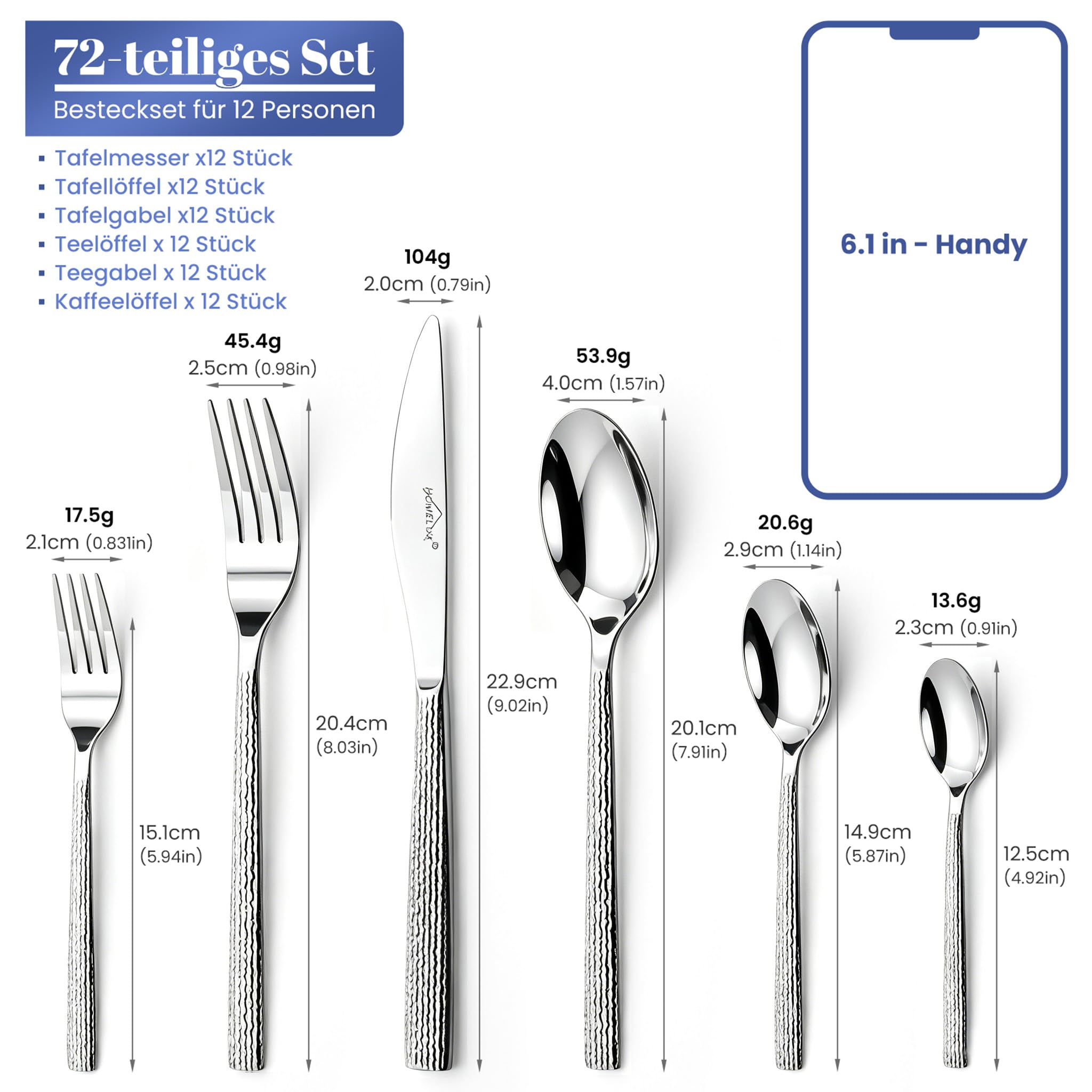 Besteck Set 12 Personen,72-tlg Edelstahl Besteckset,Spiegelpoliert HL-G2202 | Cutlery Set mit Messer Gabel Löffel,Spülmaschinenfest, Mit Besteckkassette, 6-tlg Essbesteck pro Person