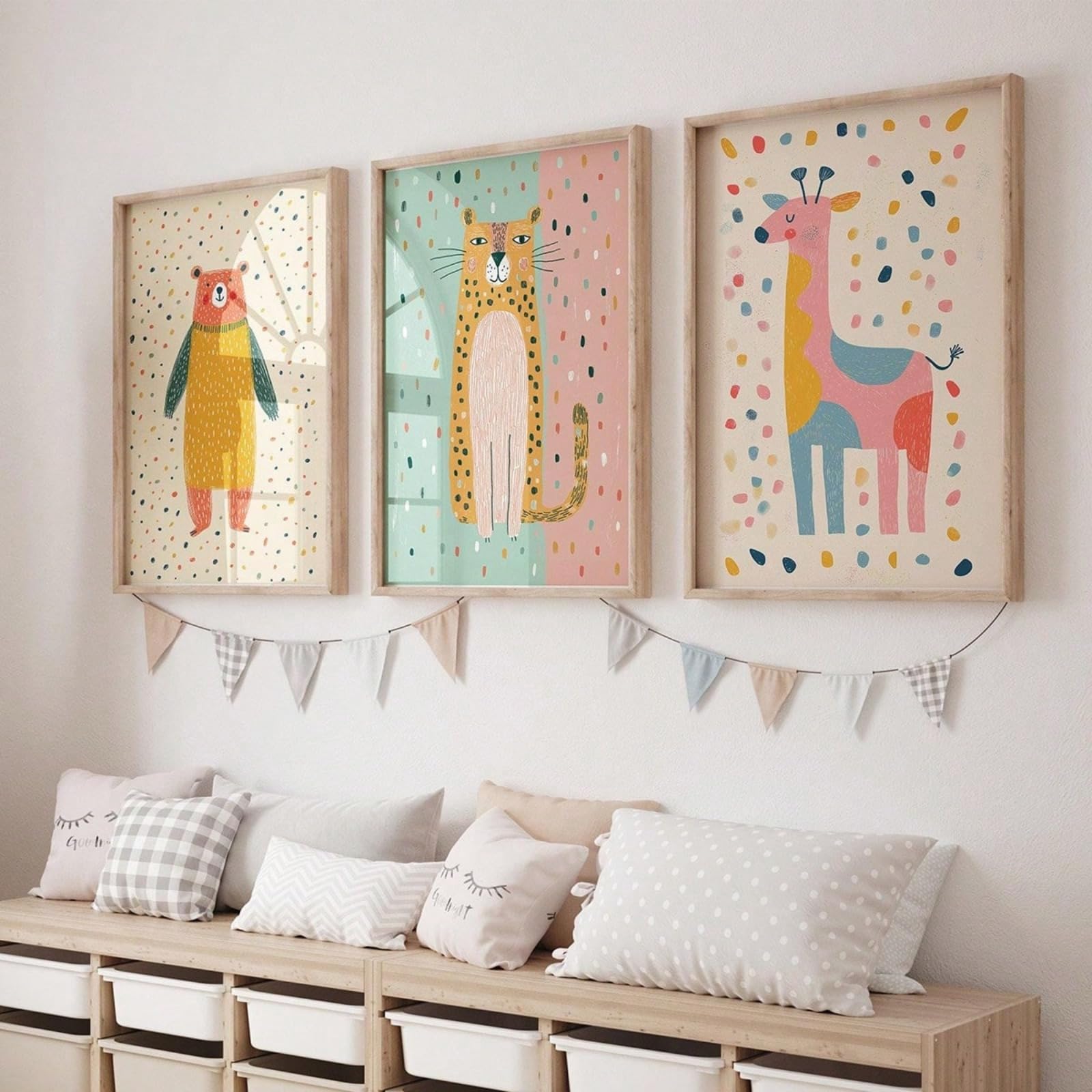 ZBELLO Cartoon Safari Animal Wall Art Set of 3, Bear & Giraffe Prints, Bright Neutral Nursery Decor for Kids Bedroom Playroom, Unframed (30x40cm)