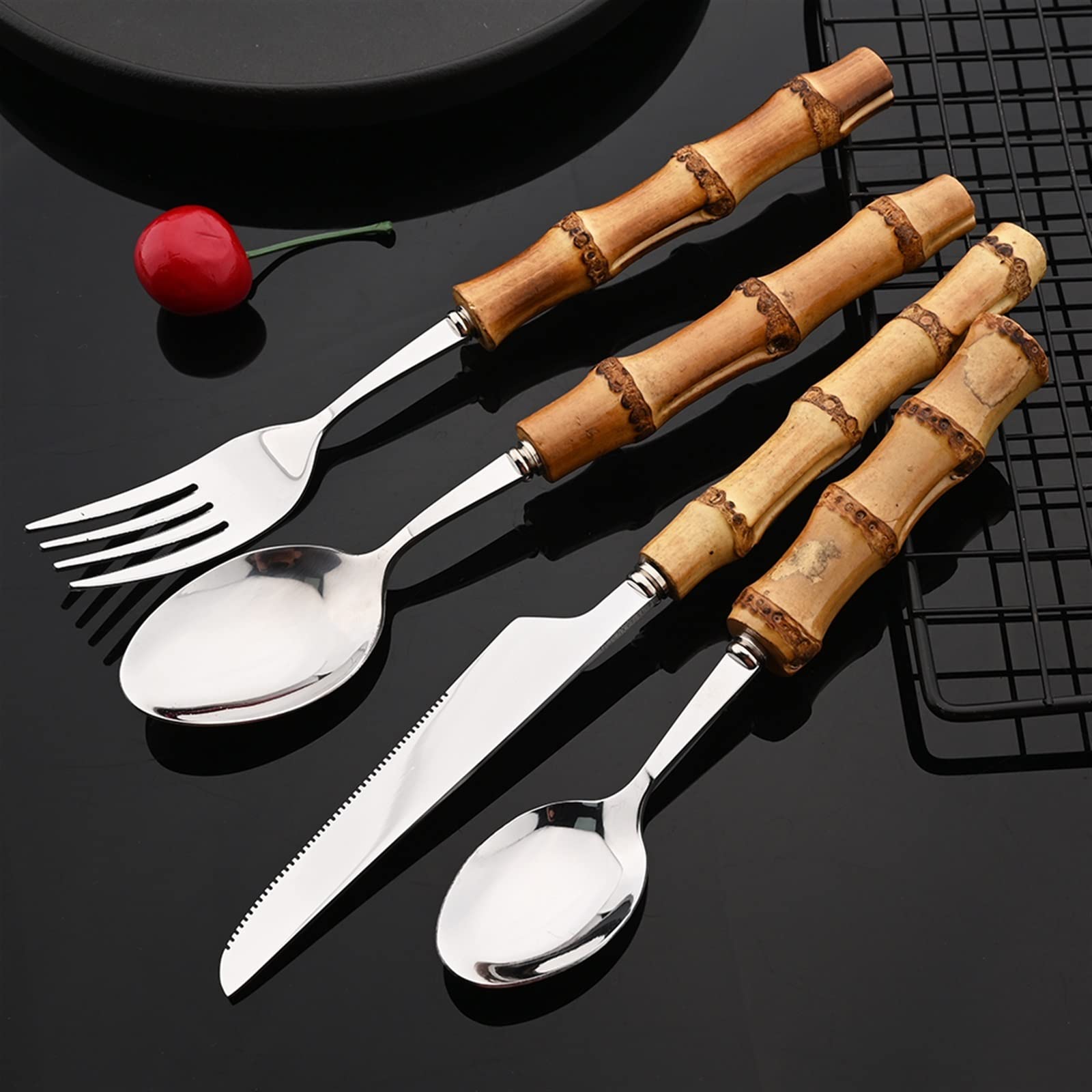 Juego de vajilla de 4/8/16/24 piezas con mango natural, cubiertos de acero inoxidable, cuchillo, tenedor, cuchara, vajilla plateada (color: plata, tamaño: 24 piezas) (oro, plata 16 piezas)