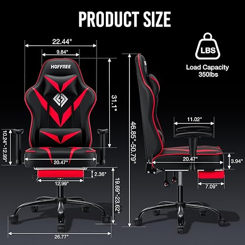 Miniatura 3 de HOFFREE Silla de masaje para juegos con cojín de resorte de bolsillo, silla reclinable de 155 para computadora con reposapiés y reposabrazos