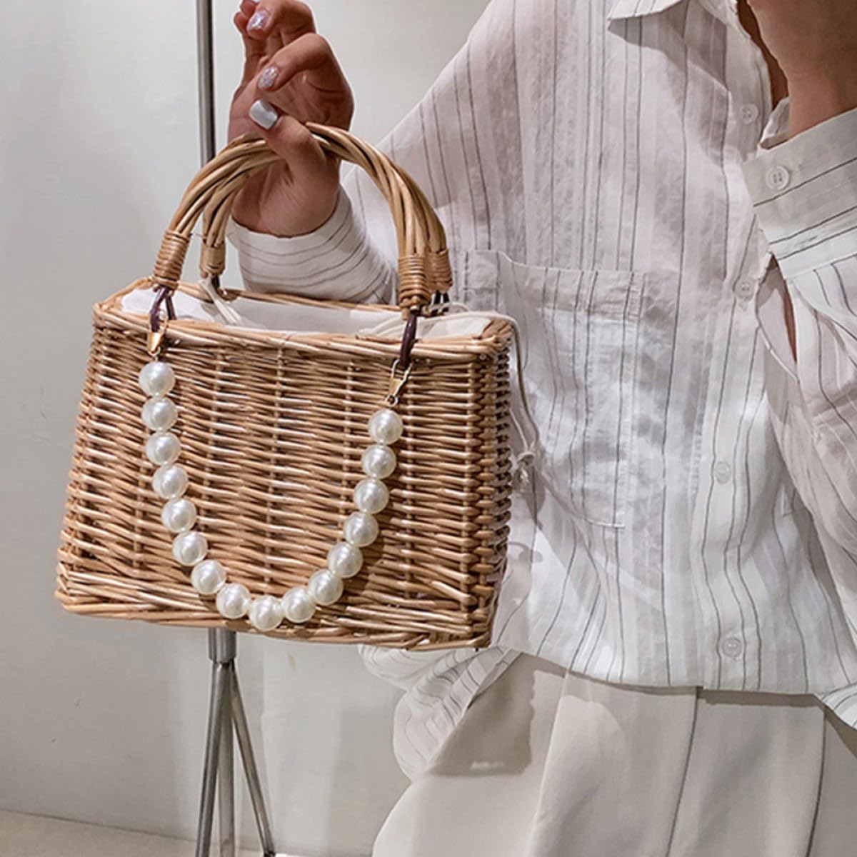 Bolso de Paja Perlas, Asa Superior, para Mujer de Playa