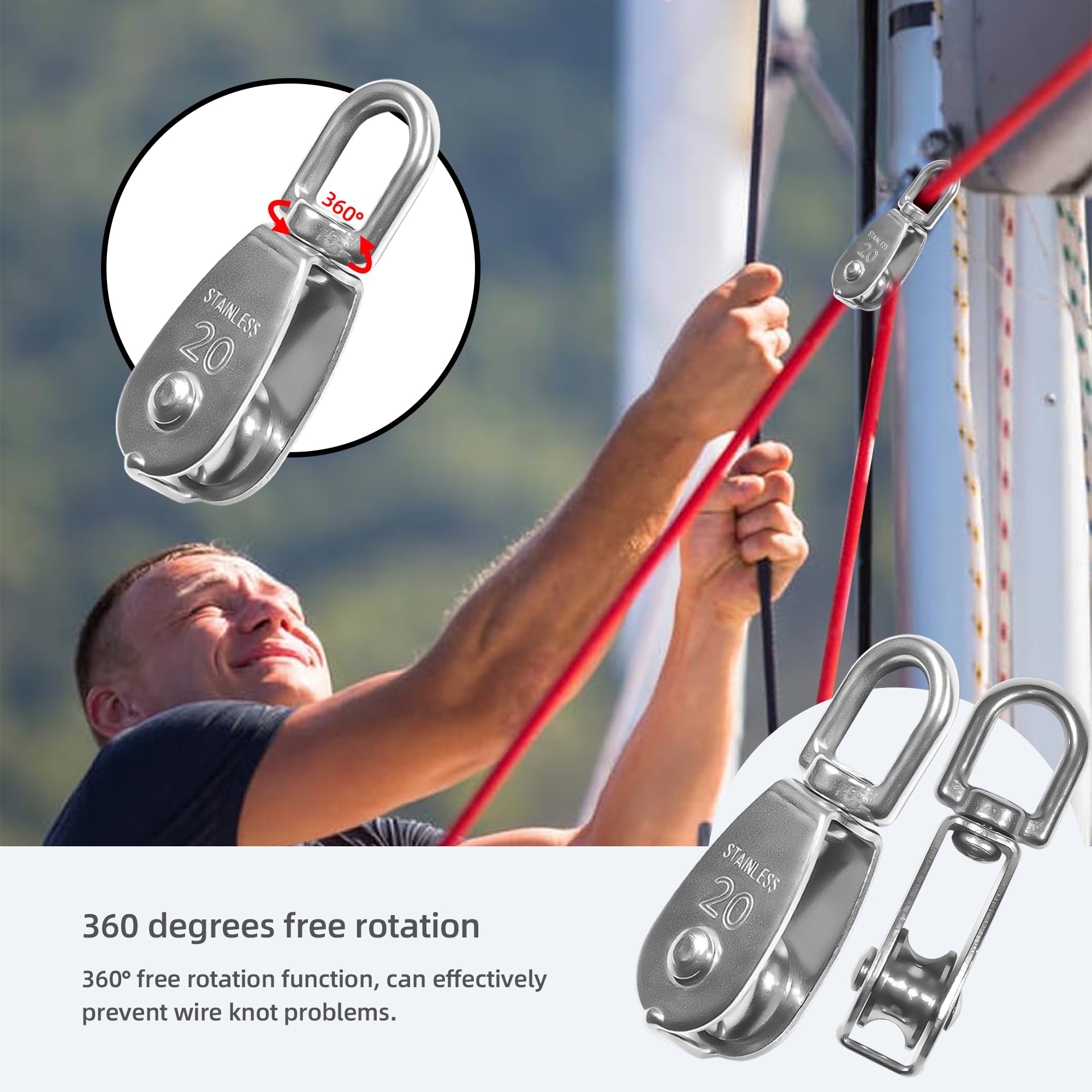 10 pulegge singole M20 in acciaio inossidabile 304 M20 pulegge per corda, piccola puleggia singola con 10 ganci a molla, ruota di traino per funi metalliche