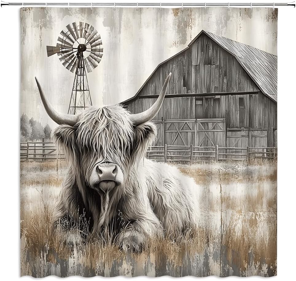 Farmhouse Highland Cow Shower Curtain Rustic Funny Cattle Wildlife Vintage Windmill Barn Western Country Animal Bathroom Decor Polyester Fabric Curtains with Hook 80Wx70H Inches