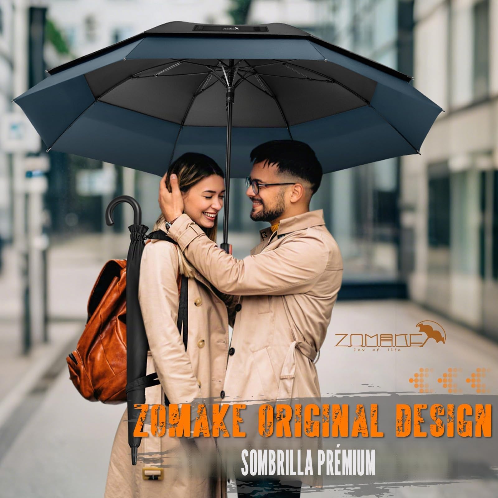 ZOMAKE Paraguas Grande 58 Pulgadas Para Hombre Mujer,8 Varillas Paraguas De Golf Antiviento,Umbrella Trekking Con Dosel RetráCtil De Apertura AutomáTica(Negro Azul Marino)