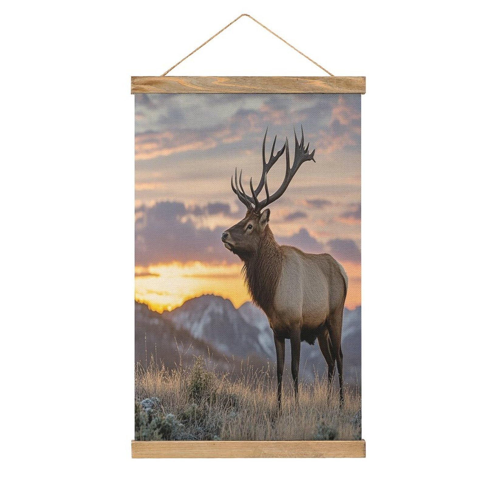 VstaDank Red Deer Bull Elk Sunset Hanging Poster with Wooden Frame Modern Linen Hanging Painting Retro Style Wall Decor Art Painting for Living Room,Bedroom Decor Poster Frame 20.4x13.1inch