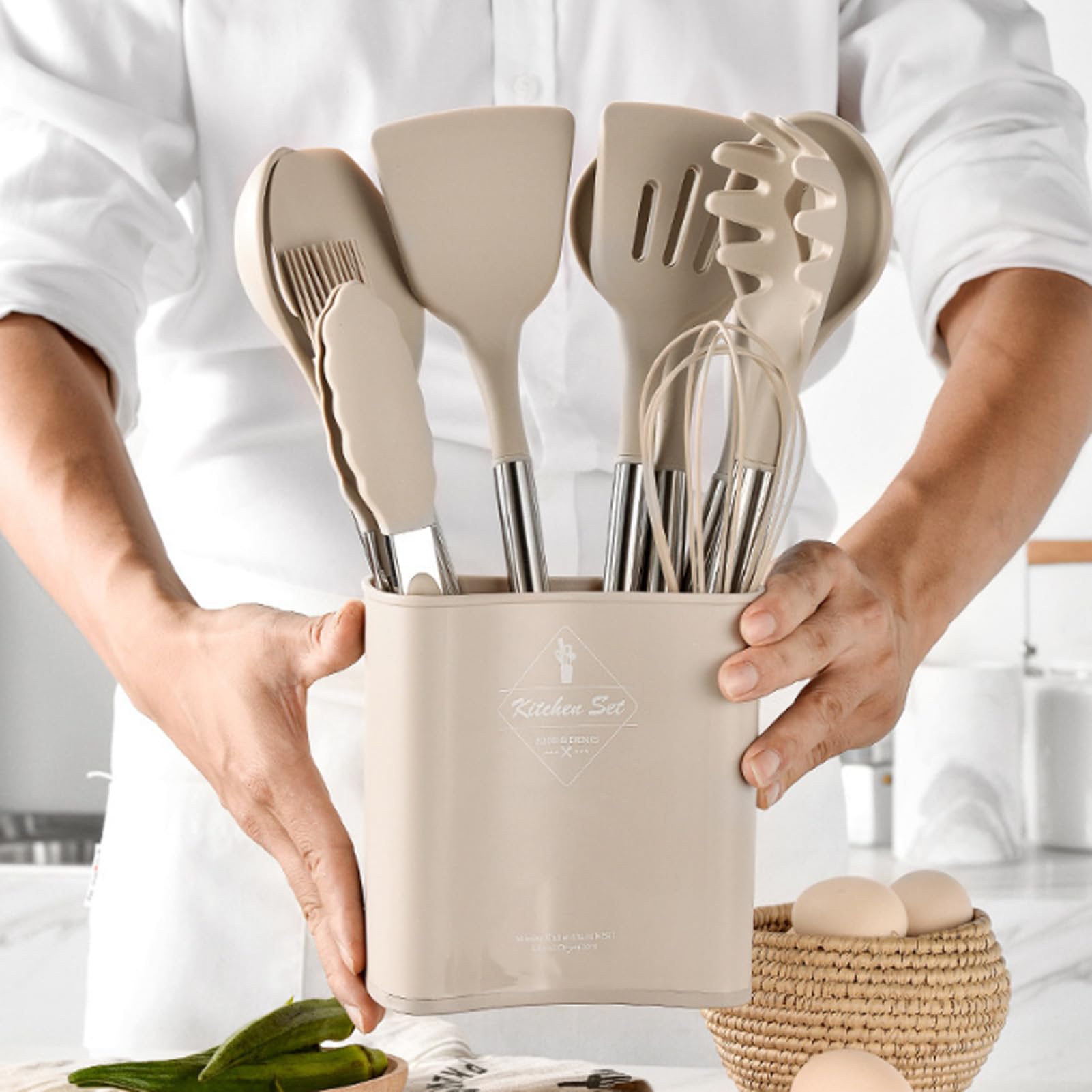 Silikon-Kochutensilien-Set, 10-teilig, hitzebeständig, antihaftbeschichtet, Silikon-Spatel-Set, Kochlöffel, Küchenutensilien mit Abtropffläche und Halter für Zuhause