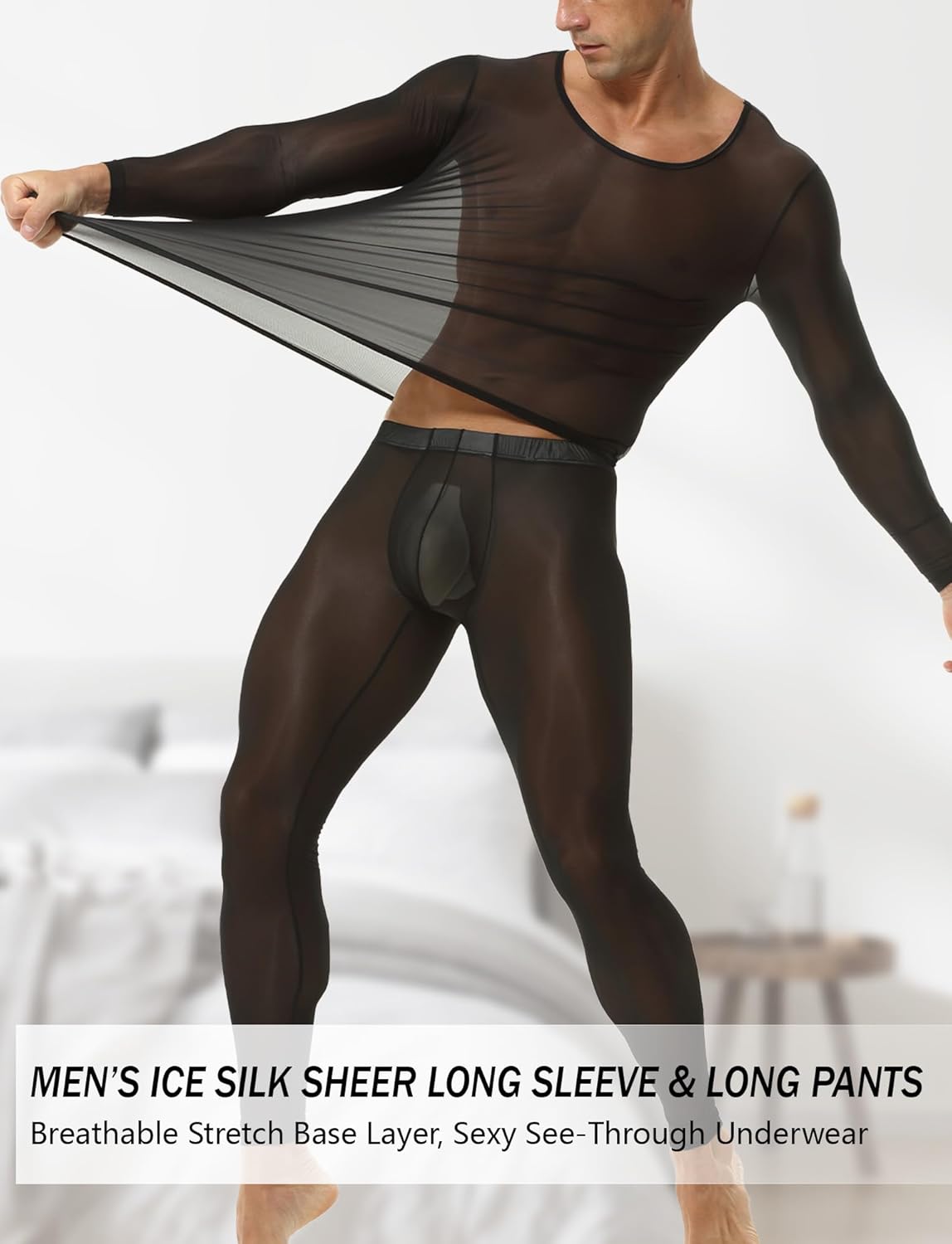 FEOYA Men's Silk Long Johns Ice Silk Long Underwear See Through Suit Long Sleeve and Leggings Tights Sheer Set