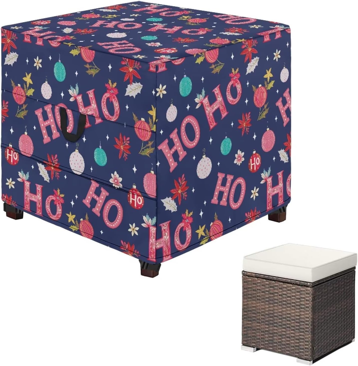 Christmas Decor Outdoor Ottoman Cover Square Patio Ottoman Covers Ho Ho Ho Print Foot Stool Cover Heavy Duty Patio Furniture Protector
