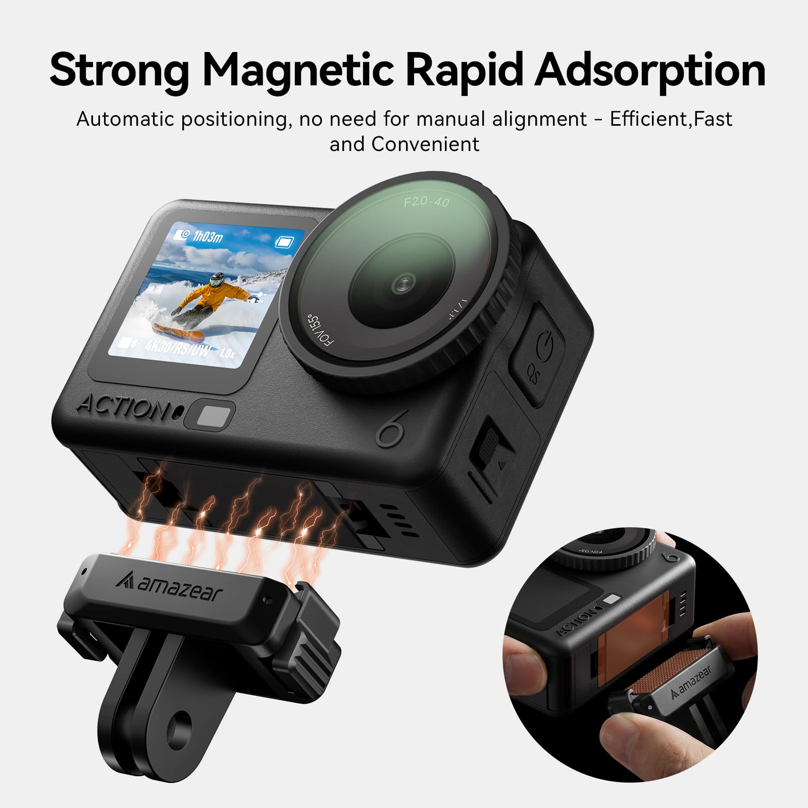AMAZEAR Supporto adattatore a sgancio rapido magnetico in plastica per DJI Osmo Action6 / NANO（2pcs）, Supporto magnetico con interfaccia 1/4" e GO-Pro, Accessorio Supporto rotante a 360°